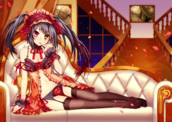  10s 1girl arm_support babydoll bad_id bad_pixiv_id bare_shoulders black_hair black_thighhighs breasts choker cleavage clock_eyes couch cushion date_a_live drawing_(object) feet finger_to_mouth frills full_body garter_belt garter_straps gothic_lolita hair_ornament hair_ribbon hairband head_tilt heterochromia indoors laces lens_flare lingerie lolita_fashion lolita_hairband looking_at_viewer navel neck_ribbon nightgown no_shoes on_couch panties parted_lips petals picture_frame red_ribbon ribbon sitting solo sougishi_ego stairs symbol-shaped_pupils thighhighs tokisaki_kurumi twintails underwear underwear_only window wrist_cuffs  rating:Questionable score:64 user:twilight_jester