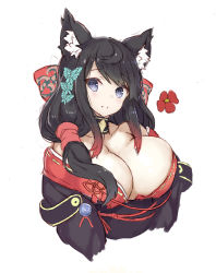 1girl animal_ears azur_lane bare_shoulders black_hair black_kimono blush breasts camellia cat_ears cropped_torso flower fusou_(azur_lane) goekawa gradient_hair hair_ornament japanese_clothes kimono large_breasts long_hair looking_at_viewer multicolored_hair parted_lips red_flower red_hair sidelocks simple_background smile solo white_background rating:Sensitive score:31 user:danbooru