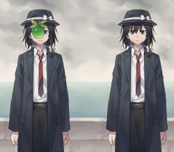  1girl alternate_costume apple black_coat black_eyes bow brown_hair coat collared_shirt fedora fine_art_parody food fruit hat hat_bow le_fils_de_l&#039;homme looking_at_viewer necktie parody re_ghotion shirt short_hair short_ponytail side_ponytail solo the_son_of_man touhou trench_coat usami_renko white_shirt 