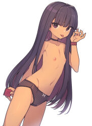  1girl black_choker brown_panties choker collarbone commentary condom condom_wrapper dutch_angle ear_piercing everyntrge flat_chest hand_up highres holding holding_condom long_hair looking_at_viewer navel nipples no_pants original panties piercing pink_scrunchie purple_eyes purple_hair pussy pussy_peek scrunchie simple_background solo standing stomach tongue tongue_out topless underwear very_long_hair white_background wrist_scrunchie  rating:Questionable score:74 user:danbooru