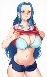  1girl absurdres blue_hair blush bra breasts closed_mouth clothes_lift cowboy_shot forehead frown highres joy_boy lace lace-trimmed_bra lace_trim large_breasts light_blue_bra light_blue_panties long_hair looking_at_viewer navel nefertari_vivi one_piece open_fly shirt_lift solo underwear white_background  rating:Sensitive score:32 user:TDogarooski
