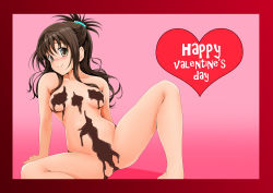 1girl blush breasts brown_eyes brown_hair censored chocolate chocolate_on_body chocolate_on_breasts convenient_censoring hair_ornament happy_valentine heart highres long_hair long_legs naked_chocolate nanashi_noiji nude small_breasts smile solo spread_legs to_love-ru valentine yuuki_mikan rating:Questionable score:17 user:danbooru