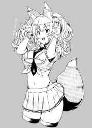  1girl animal_ear_fluff animal_ears bikini bikini_top_only blush breasts cleavage double_fox_shadow_puppet fate/extra fate_(series) fox_ears fox_girl fox_shadow_puppet fox_tail grey_background greyscale hair_between_eyes hands_up large_breasts long_hair looking_at_viewer midriff monochrome navel open_mouth scrunchie shirt sidelocks simple_background skirt smile sumisu_(mondo) swimsuit tail tamamo_(fate) tamamo_no_mae_(fate/extra) thighs tied_shirt twintails wrist_scrunchie 