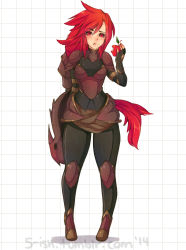  1girl apple armor blush breasts eating food fruit full_body ironscale_shyvana league_of_legends long_hair medium_breasts red_eyes red_hair shyvana solo  rating:General score:20 user:omega999