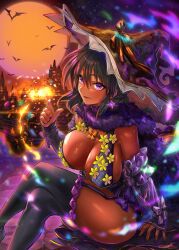  1girl absurdres bare_shoulders bat_(animal) black_hair black_thighhighs blush bow breasts cleavage crossed_legs dark-skinned_female dark_skin detached_sleeves duralu500 earrings frilled_thighhighs frills full_moon fur_scarf halloween halloween_costume hat hat_bow highres idolmaster idolmaster_cinderella_girls jewelry large_breasts looking_at_viewer moon natalia_(idolmaster) parted_lips purple_eyes revealing_clothes short_hair sitting sleeves_past_wrists smile solo thighhighs witch witch_hat 