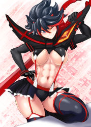 1girl abs boots breasts closed_mouth commentary detached_sleeves english_commentary gradient_background headgear holding holding_weapon kill_la_kill long_sleeves looking_at_viewer matoi_ryuuko medium_breasts miniskirt navel one_eye_closed panties red_background senketsu short_hair skirt smile solo standing thigh_boots thighhighs underwear weapon wink rating:Questionable score:27 user:Vardigiil