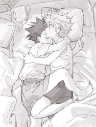  2boys arm_up barefoot closed_eyes cowboy_shot expressionless feet_out_of_frame from_above from_side gon_freecss greyscale hug hunter_x_hunter indoors killua_zoldyck knee_up looking_ahead male_focus mito_tomiko monochrome multiple_boys mutual_hug on_bed pillow shade short_sleeves shorts shota sketch sleeping sleeveless thigh_straddling yaoi  rating:Sensitive score:9 user:danbooru