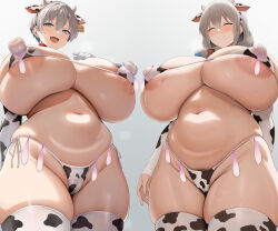  2girls absurdres animal_ears animal_print areola_slip bikini blue_eyes blush breasts bridal_gauntlets cameltoe choker chomikuplus closed_eyes condom condom_belt condom_on_nipples covered_erect_nipples cow_ears cow_girl cow_horns cow_print cow_print_bikini cow_print_gloves cow_print_thighhighs cowbell cowboy_shot curvy fake_animal_ears fake_horns fang female_focus from_below gigantic_breasts gloves grey_hair groin highres horns huge_breasts lactation lactation_through_clothes large_areolae large_nipples long_hair looking_at_viewer mature_female micro_bikini mother_and_daughter multiple_girls navel neck_bell open_mouth plump print_bikini print_gloves print_thighhighs pubic_hair pubic_hair_peek puffy_nipples see-through shiny_skin short_hair sidelocks skindentation smile standing swimsuit thick_thighs thighhighs thighs underboob used_condom used_condom_belt uzaki-chan_wa_asobitai! uzaki_hana uzaki_tsuki wide_hips  rating:Questionable score:50 user:Oppai_chan