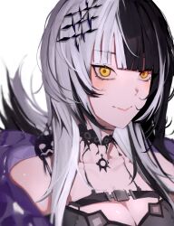  1girl absurdres black_hair blunt_bangs blush breasts choker cleavage commentary crow_(krouw) english_commentary hair_ornament highres hololive hololive_english long_hair shiori_novella simple_background smile solo virtual_youtuber white_background white_hair yellow_eyes 