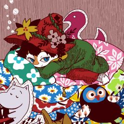  1boy barefoot blue_eyes brown_hair cloak flower green_cloak hat hat_flower holding holding_clothes holding_hat jaggy_lines joxter looking_at_viewer male_focus moomin moomintroll nail_polish nonana_(mikudrop) pillow pink_flower plant red_hat red_nails short_hair slit_pupils smile stuffed_owl tassel toenail_polish toenails top_hat vines yellow_flower 