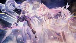  2girls bare_shoulders black_shorts blue_eyes boots bow_(weapon) breasts cleavage cleavage_cutout closed_mouth clothing_cutout crown detached_sleeves dress elbow_gloves elysia_(herrscher_of_human:ego)_(honkai_impact) elysia_(honkai_impact) floating full_moon gloves hair_between_eyes high_heel_boots high_heels highres holding holding_bow_(weapon) holding_hands holding_sword holding_weapon honkai_(series) honkai_impact_3rd kiana_kaslana kiana_kaslana_(herrscher_of_flamescion) large_breasts legs long_hair looking_at_another moon multiple_girls neon_(pixiv_31150749) open_mouth pink_eyes pink_hair short_shorts shorts single_thighhigh sky smile star_(sky) starry_sky sword teeth thighhighs two-tone_dress upper_teeth_only very_long_hair weapon white_dress white_footwear white_gloves white_hair white_veil 