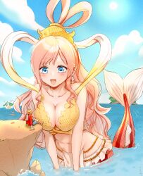  1boy 1girl back bikini blue_eyes blue_shorts breasts cleavage cloud commentary_request earrings fish_hair_ornament giant giantess hagoromo hair_ornament half_updo highres jewelry long_hair looking_at_another mermaid monkey_d._luffy monster_girl notice_lines one_piece red_shirt shawl shell shell_earrings shirahoshi shirt shorts sidelocks sitting sky sunlight swimsuit torino_sasami very_long_hair yellow_bikini 