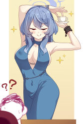  1boy 1girl :&gt; ? ?? ako_(blue_archive) ako_(dress)_(blue_archive) blue_archive blue_dress blue_eyes blue_hair blue_halo blush breasts cleavage closed_eyes closed_mouth covered_navel cup doodle_sensei_(blue_archive) dress halo highres lactation lactation_through_clothes large_breasts medium_hair neps-l official_alternate_costume sensei_(blue_archive) sideless_dress sideless_outfit sleeveless sleeveless_dress smile two-tone_background yellow_background 