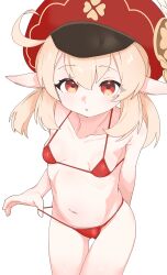  1girl absurdres bare_arms bare_shoulders bikini blonde_hair breasts cabbie_hat collarbone genshin_impact gluteal_fold hat highres klee_(genshin_impact) loli long_hair looking_at_viewer micro_bikini pointy_ears red_bikini red_eyes red_hat rinki_(rink2) simple_background small_breasts solo standing swimsuit thigh_gap white_background  rating:Questionable score:156 user:danbooru