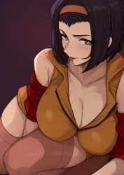  1girl absurdres blush breasts cleavage cowboy_bebop evan_yang faye_valentine green_eyes hairband highres large_breasts off_shoulder pantyhose parted_lips purple_hair seductive_smile short_hair smile solo  rating:Sensitive score:47 user:sh1ggy-diggy
