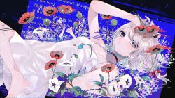  absurdres barefoot bear blue_background blue_screen_of_death braid breasts choker dress flower glitch hand_on_own_head highres katai_wakame kumagai_chisato looking_at_viewer lying on_back polar_bear polar_bear_ears red_flower screen silver_hair single_braid small_breasts sundress virtual_youtuber white_flower  rating:Sensitive score:2 user:Kafkafka