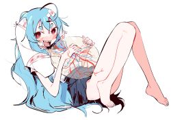  1girl :d @_@ absurdres ahoge animal_ears bare_legs barefoot blood blood_on_face blouse blue_hair blue_nails blue_skirt blush collared_shirt double-parted_bangs eds hair_between_eyes highres hikimayu indie_virtual_youtuber knees_together_feet_apart light_blue_hair long_hair looking_at_viewer lop_rabbit_ears lying nail_polish no_panties object_on_chest on_back open_mouth para_(vtuber) para_(vtuber)_(3rd_costume) parasite_(para) pleated_skirt rabbit_ears red_eyes sharp_teeth shirt shirt_tucked_in sidelocks skirt smile teeth tongue virtual_youtuber white_background white_shirt 