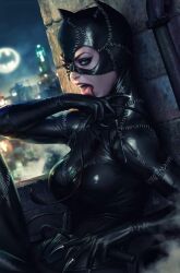  1girl animal_ear_hood animal_ears bat_signal batman_(series) black_bodysuit black_hood bodysuit breasts cat_ears catwoman cityscape claws dc_comics fake_animal_ears green_eyes highres hood licking licking_hand looking_at_viewer medium_breasts night open_mouth outdoors selina_kyle solo stanley_lau teeth tongue tongue_out upper_teeth_only 