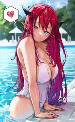  1girl absurdres archinoer bare_shoulders blue_eyes breasts cleavage closed_mouth earrings heterochromia highres hololive hololive_english horns irys_(hololive) jewelry large_breasts long_hair looking_at_viewer multicolored_hair outdoors pointy_ears purple_eyes purple_hair red_hair smile solo swimsuit virtual_youtuber wet wet_clothes wet_swimsuit  rating:Sensitive score:55 user:danbooru
