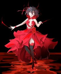  black_background black_hair breasts cleavage colored_sclera dress fishnets flower highres horns i&#039;m_the_grim_reaper multicolored_hair red_dress red_footwear red_hair red_horns red_sclera scar scar_on_chest scarlet_(i&#039;m_the_grim_reaper) short_hair  rating:Sensitive score:4 user:FedExBex