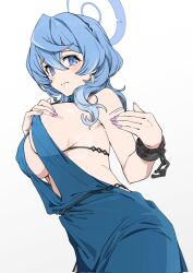 1girl ako_(blue_archive) ako_(dress)_(blue_archive) blue_archive blue_dress blue_eyes blue_hair blush breasts closed_mouth corrupted_twitter_file cuffs dress earrings fingernails gradient_background hair_between_eyes halo handcuffs highres jewelry large_breasts long_hair looking_at_viewer motion_lines nail_polish official_alternate_costume purple_nails sideboob sleeveless sleeveless_dress solo takok_(kalaok39188) 