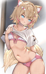  1girl absurdres animal_ears bandaid bandaid_hair_ornament blonde_hair blue_eyes bra breasts clothes_lift cropped_shirt crossed_bangs dog_ears dog_girl dog_tail hair_ornament highres hololive hololive_english honkivampy mococo_abyssgard mococo_abyssgard_(1st_costume) multicolored_hair panties pink_bra pink_hair pink_panties puffy_cheeks shirt shirt_lift short_hair short_shorts shorts small_breasts streaked_hair tail underwear virtual_youtuber white_shirt white_shorts 