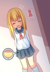 1girl arms_behind_back artist_request bathroom_sign blonde_hair blue_sailor_collar blue_skirt blush closed_eyes dutch_angle female_focus flying_sweatdrops have_to_pee loli long_sleeves neckerchief nervous open_mouth original pleated_skirt red_neckerchief sailor_collar school_uniform serafuku shirt simple_background skirt smile socks solo standing sweat text_focus toilet_symbol urine_meter white_shirt white_socks rating:Questionable score:12 user:AngryZapdos