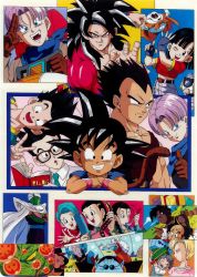  1990s_(style) animal antennae aqua_hair balding bead_necklace beads black_eyes black_hair blonde_hair blue_eyes blue_skin body_fur book box braid braided_ponytail brown_gloves brown_shirt bubbles_(dragon_ball) bulma butcher_knife cape carrying_over_shoulder chestnut_mouth chi-chi_(dragon_ball) child colored_skin dark-skinned_male dark_skin dragon_ball dragon_ball_(object) dragon_ball_gt earrings eel father_and_daughter father_and_son fingerless_gloves gift gift_box giru_(dragon_ball) gloves grey_hair grin halo highres holding holding_animal holding_book holding_knife holding_ladle husband_and_wife jewelry kibitoshin knife kuririn ladle long_hair looking_at_viewer midriff monkey_boy monkey_tail mr._satan muscular muscular_male namekian necklace necktie north_kaiou official_art old old_man open_mouth pan_(dragon_ball) panels piccolo pink_skin pointy_ears purple_hair purple_skin red_fur retro_artstyle robot rou_kaioushin round_eyewear saiyan shenron_(dragon_ball) shirt short_hair sleeveless sleeveless_shirt smile son_gohan son_goku son_goten sunglasses super_saiyan super_saiyan_4 tail thumbs_up toei_animation trunks_(dragon_ball) turban uub v vegeta videl widow&#039;s_peak wince wristband yellow_eyes  rating:General score:12 user:danbooru