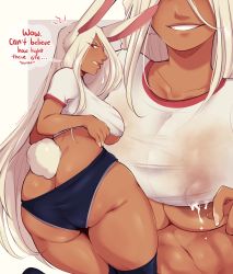 1girl animal_ears ass boku_no_hero_academia breasts butt_crack chikkibug collarbone dark-skinned_female dark_skin english_text female_focus gym_uniform highres huge_ass lactation large_breasts long_hair mirko nipples rabbit_ears rabbit_tail red_eyes short_sleeves smile solo tail thick_thighs thighhighs thighs white_hair rating:Questionable score:90 user:JustHere4Butts