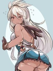 10s 1girl armor armored_dress ass brown_gloves dark_skin dark-skinned_female dress flying_sweatdrops from_behind gloves granblue_fantasy long_hair looking_at_viewer looking_back red_eyes solo tears toi_(toiot) very_long_hair white_hair zooey_(granblue_fantasy) rating:Questionable score:9 user:danbooru