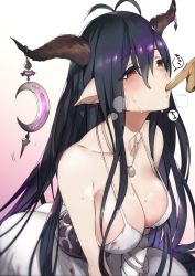 10s 1girl bad_id bad_twitter_id bandages bare_shoulders blush breasts cleavage danua draph dress finger_in_another&#039;s_mouth finger_sucking gradient_background granblue_fantasy hair_between_eyes heavy_breathing horn_ornament horns jewelry large_breasts leaning_forward long_hair mikurou_(nayuta) necklace pointy_ears purple_hair red_eyes sidelocks simple_background sitting solo_focus strap_gap sweat very_long_hair white_dress rating:Sensitive score:92 user:danbooru