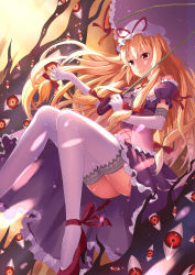  1girl absurdres adapted_costume ankle_ribbon ass backlighting blonde_hair blurry breasts choker cleavage corset depth_of_field dress elbow_gloves floating frilled_dress frills gap_(touhou) gloves hair_ribbon hand_up hat hat_ribbon high_heels highres holding holding_umbrella leg_ribbon light long_hair mob_cap off_shoulder petals purple_dress purple_eyes red_eyes red_footwear ribbon ribbon_choker shiro shiro_(shana619) shoes smile solo sunlight thighhighs touhou tree umbrella white_gloves white_thighhighs wind yakumo_yukari 
