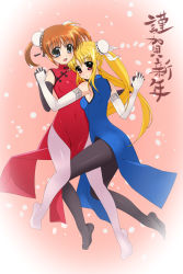  2girls blonde_hair china_dress chinese_clothes couple dress fate_testarossa hair_ornament hair_ribbon happy happy_new_year highres holding_hands looking_at_viewer lyrical_nanoha mahou_shoujo_lyrical_nanoha mahou_shoujo_lyrical_nanoha_a&#039;s mahou_shoujo_lyrical_nanoha_innocent multiple_girls new_year open_mouth orange_hair pantyhose purple_eyes red_eyes ribbon short_twintails shousumi_(ljayxh) simple_background smile takamachi_nanoha twintails white_ribbon yuri 