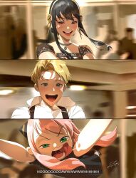  1boy 2girls absurdres anya_(spy_x_family) artist_name black_hair blonde_hair blue_eyes breasts dress english_text happy highres humor legs medium_breasts multiple_girls open_mouth outstretched_arms parody pink_hair pov red_eyes short_hair smile spy_x_family teeth thighs titanic_(movie) tongue twilight_(spy_x_family) yor_briar 