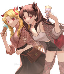  2girls black_hair blonde_hair bow breasts camisole cleavage ereshkigal_(fate) fate/grand_order fate_(series) food hair_bow hair_ribbon highres ice_cream ice_cream_cone ishtar_(fate) long_hair long_sleeves looking_at_viewer medium_breasts multiple_girls open_mouth parted_bangs red_eyes ri-ko ribbon skirt smile two_side_up 