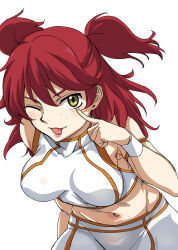  1girl ;p absurdres akanbe arm_strap armpit_crease atamadarurun bare_shoulders breasts commentary_request covered_collarbone cowboy_shot crop_top earrings eyelid_pull finger_to_eye freckles groin gundam gundam_00 hair_between_eyes highres jewelry large_breasts long_hair looking_at_viewer midriff navel nena_trinity one_eye_closed red_hair shirt shorts sidelocks simple_background sleeveless sleeveless_shirt solo standing tight_clothes tongue tongue_out two_side_up white_background white_shirt white_shorts white_wristband yellow_eyes 