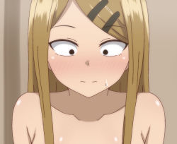 1girl black_eyes blush breasts brown_hair collarbone dagashi_kashi endou_saya hair_ornament hairclip highres large_breasts long_hair looking_down nude out-of-frame_censoring poa_mellhen solo standing sweatdrop upper_body wall rating:Questionable score:116 user:cpee