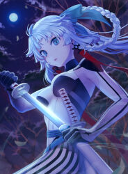  1girl absurdres armpit_cutout bodysuit braided_hair_rings breasts clothing_cutout collared_bodysuit daisan_oujo earrings fate/grand_order fate/samurai_remnant fate_(series) green_eyes hair_ribbon highres holding holding_weapon jewelry katana kishimen_hair long_hair looking_at_viewer medium_breasts ponytail ribbon sheath sidelocks solo striped_bodysuit sword two-tone_bodysuit unsheathing weapon white_bodysuit white_hair yui_shousetsu_(fate) yui_shousetsu_(first_ascension)_(fate) 