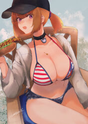  1girl bikini bikini_top_only black_baseball_cap breasts brown_hair collar collarbone dutch_angle food food_on_body food_on_breasts girls&#039;_frontline grizzly_mkv_(girls&#039;_frontline) highres holding holding_food hot_dog jacket kojima_(blue_stardust) large_breasts looking_at_viewer micro_shorts navel on_chair open_clothes open_jacket open_mouth outdoors ponytail purple_eyes shorts signature sitting solo star_(symbol) star_print striped_bikini striped_clothes swimsuit white_jacket 
