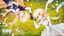  1boy 1girl aether_(genshin_impact) bare_shoulders black_gloves black_shirt blonde_hair brother_and_sister closed_eyes commentary_request crop_top dandelion_seed dress genshin_impact gloves grass highres lumine_(genshin_impact) lying midriff navel official_art on_back shirt siblings sleeveless sleeveless_dress stomach white_dress yellow_eyes 