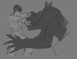  1boy bad_link commentary deathclaw drawfag fallout_(series) grey_background greyscale highres hokuto_no_ken kenshiro male_focus monochrome monster muscular muscular_male open_mouth sketch solo standing unfinished 