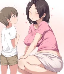  1boy 1girl age_difference bad_id bad_pixiv_id black_hair blush breasts brown_hair child closed_eyes covered_erect_nipples impossible_clothes impossible_shirt large_breasts mature_female midriff moisture_(chichi) onee-shota original plump shirt short_hair skirt squatting sweat  rating:Sensitive score:205 user:Xander