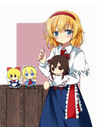  1girl alice_margatroid apron ascot blonde_hair blue_dress blue_eyes blush bow brown_hair capelet closed_mouth commentary_request doll dress frilled_bow frilled_hairband frills fumo_(doll) hair_bow hair_tubes hairband hakurei_reimu highres holding holding_needle lolita_hairband long_sleeves looking_at_viewer medium_hair needle red_ascot red_bow red_eyes red_hairband ribbon-trimmed_sleeves ribbon_trim shanghai_doll short_hair smile solo thread touhou tsuukinkaisoku_oomiya waist_apron white_apron white_capelet wings 