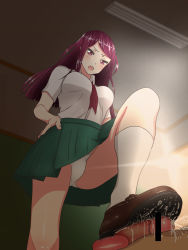 1boy 1girl bad_id bad_pixiv_id ball_busting bar_censor bdsm blush breasts cbt censored clothed_female_nude_male commentary_request crotch_kick crotch_stomping cum cum_on_clothes ejaculation femdom footjob from_below green_skirt hand_on_own_hip hetero highres hisanoworld large_breasts long_hair nude open_mouth original panties pantyshot penis pleated_skirt purple_eyes purple_hair school_uniform shoejob shoes skirt standing stomping testicles underwear rating:Explicit score:63 user:danbooru