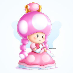  1girl alcyone_(cyclone_gx) bad_id bad_pixiv_id black_eyes blue_background blush bow clenched_hand crown dress elbow_gloves full_body gloves hand_up mario_(series) new_super_mario_bros._u_deluxe nintendo pink_bow pink_dress pink_hair puffy_short_sleeves puffy_sleeves short_sleeves smile solo standing super_crown toadette twitter_username  rating:Sensitive score:4 user:danbooru