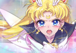 1girl 2023 absurdres angry bishoujo_senshi_sailor_moon bishoujo_senshi_sailor_moon_crystal blonde_hair blue_eyes blue_sailor_collar blush brooch crescent crescent_facial_mark crying crying_with_eyes_open double_bun earrings eternal_sailor_moon facial_mark forehead_mark gloves hair_bun hair_ornament heart heart_brooch highres jewelry long_hair looking_at_viewer magical_girl open_mouth parted_bangs poma123poma puffy_sleeves sailor_collar sailor_moon sailor_senshi_uniform see-through see-through_sleeves solo tears tsukino_usagi twintails upper_body watermark white_gloves white_wings wings 