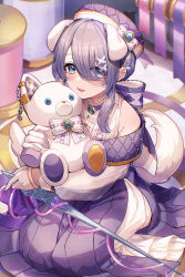  1girl animal_ears ao_no_neko blue_eyes blush bow braid commentary dress fang gem gloves hair_ornament hair_over_one_eye half_gloves hat highres holding holding_staff holding_stuffed_toy long_skirt looking_at_viewer open_mouth original pink_eyes pink_ribbon pleated_skirt purple_bow purple_hair purple_hat purple_ribbon purple_skirt ribbon side_slit skirt smile solo staff stuffed_animal stuffed_toy symbol-only_commentary tail white_dress white_gloves x_hair_ornament 