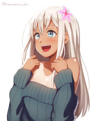 10s 1girl :d blue_eyes blush breasts eyebrows eyelashes flower hair_flower hair_ornament kantai_collection kurowan long_hair long_sleeves looking_away no_bra off_shoulder one-piece_tan open_mouth pink_flower ro-500_(kancolle) silver_hair simple_background small_breasts smile solo sweater tan tanline twitter_username upper_body white_background rating:Sensitive score:26 user:danbooru