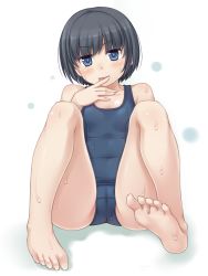 1girl absurdres bare_shoulders barefoot black_hair blue_eyes blush cameltoe feet flat_chest highres licking looking_at_viewer namaru_(summer_dandy) one-piece_swimsuit original school_swimsuit short_hair sitting soles solo swimsuit toes tongue wet wet_clothes rating:Sensitive score:32 user:danbooru