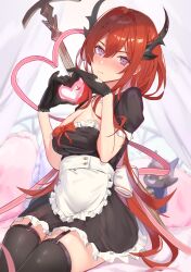  1girl absurdres alternate_costume apron arknights black_dress black_gloves black_horns black_thighhighs blush breasts cleavage closed_mouth commentary_request dress frilled_apron frilled_dress frills gloves heart heart_hands highres horns large_breasts long_hair looking_at_viewer maid maid_apron puffy_short_sleeves puffy_sleeves purple_eyes red_hair shitomu1 short_sleeves sitting solo surtr_(arknights) thighhighs 